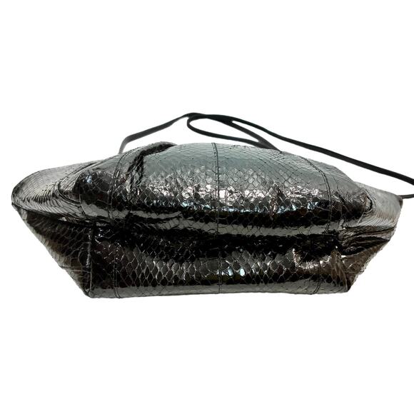 Vintage 80s Black Snakeskin Geometric Shoulder Bag Hexagon Pleated Purse - Picture 8 of 12